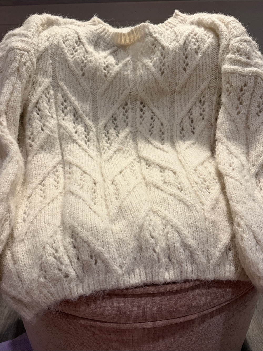 Mango Cream Cable Chevron Knit Crewneck Sweater